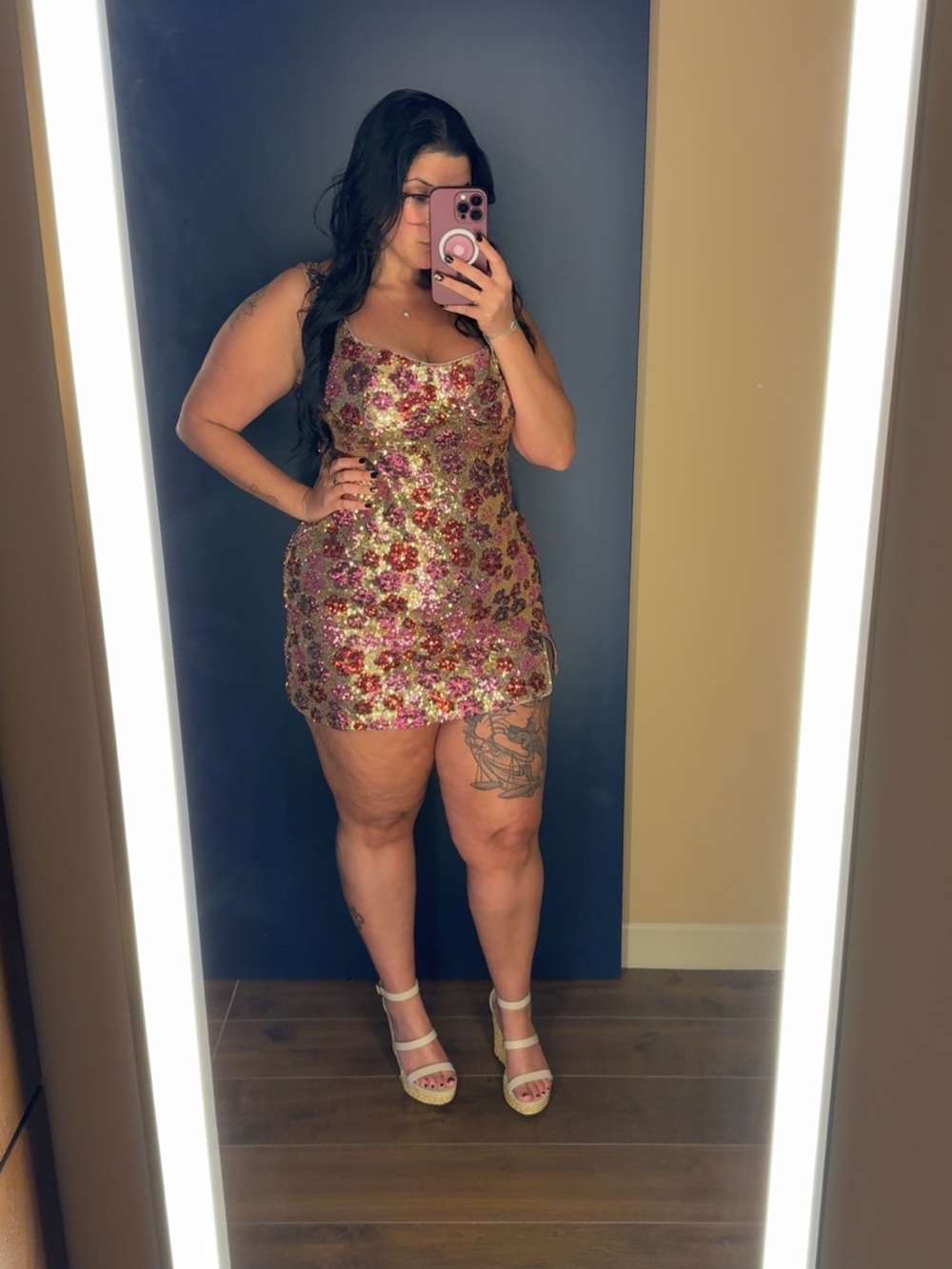 Cider Pink and Gold Floral Sequin Mini Dress